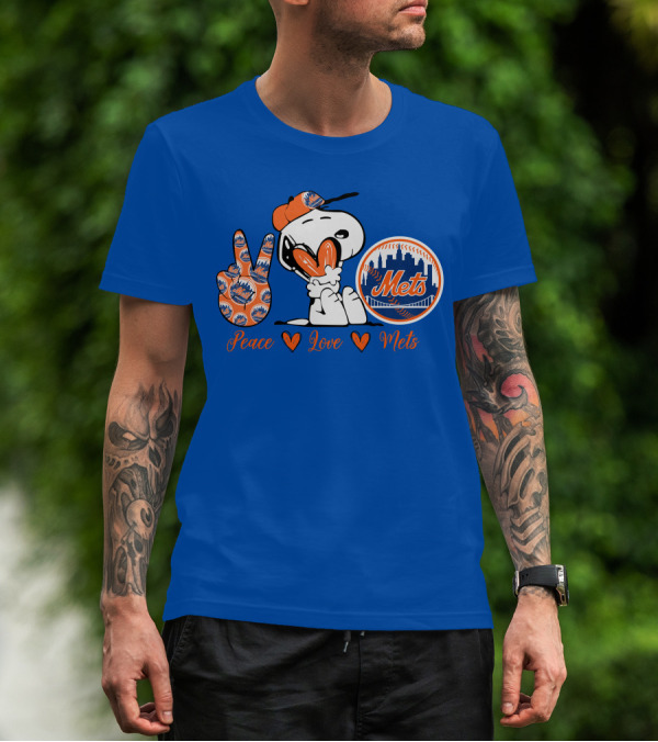 Snoopy Peace Love Mets New York City Skyline Baseball T-Shirt
