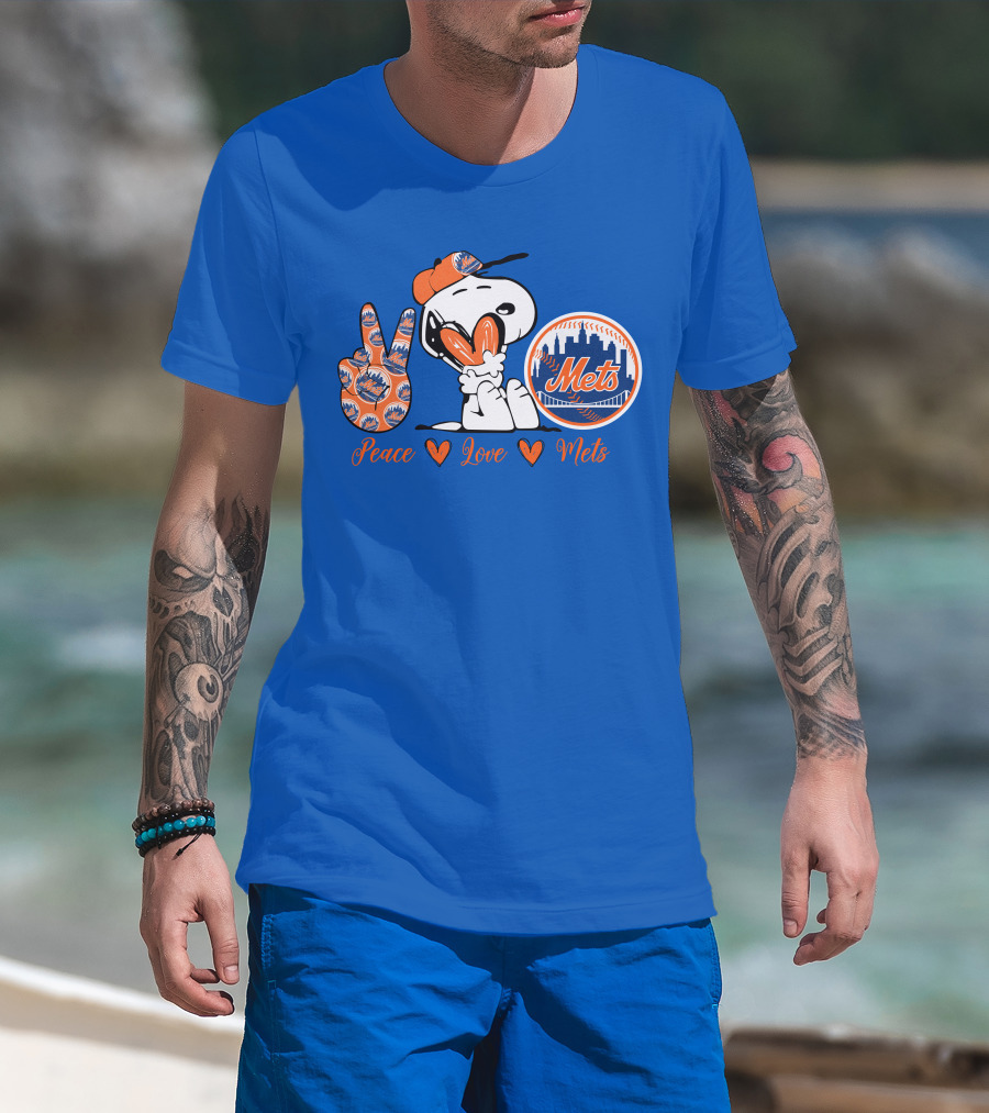 Snoopy Peace Love Mets New York City Skyline Baseball T-Shirt
