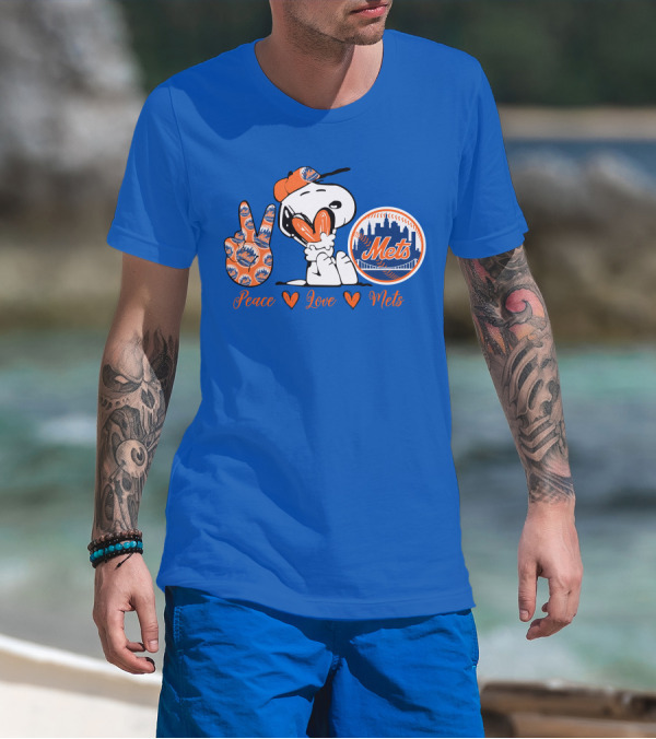 Snoopy Peace Love Mets New York City Skyline Baseball T-Shirt