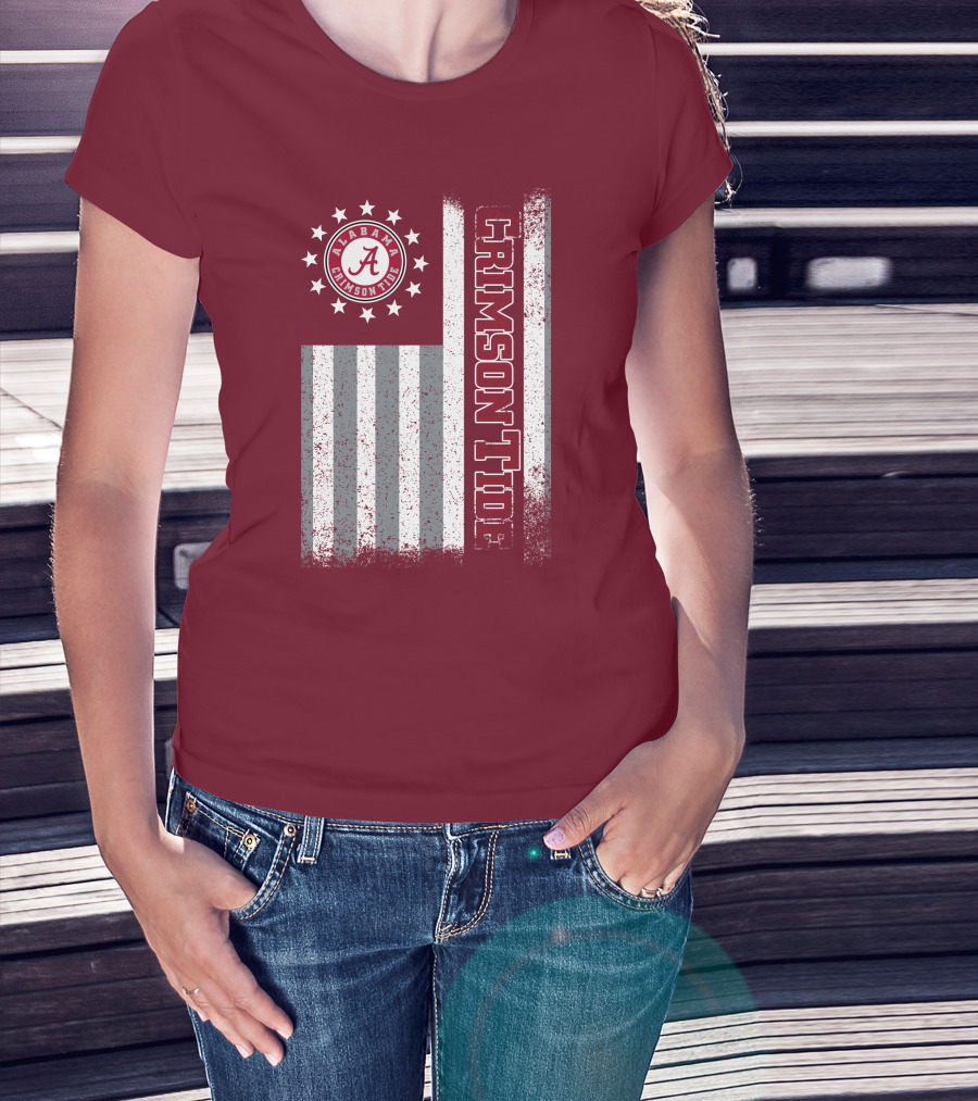 Alabama Crimson Tide Logo Stars And Stripes American Flag T-Shirt
