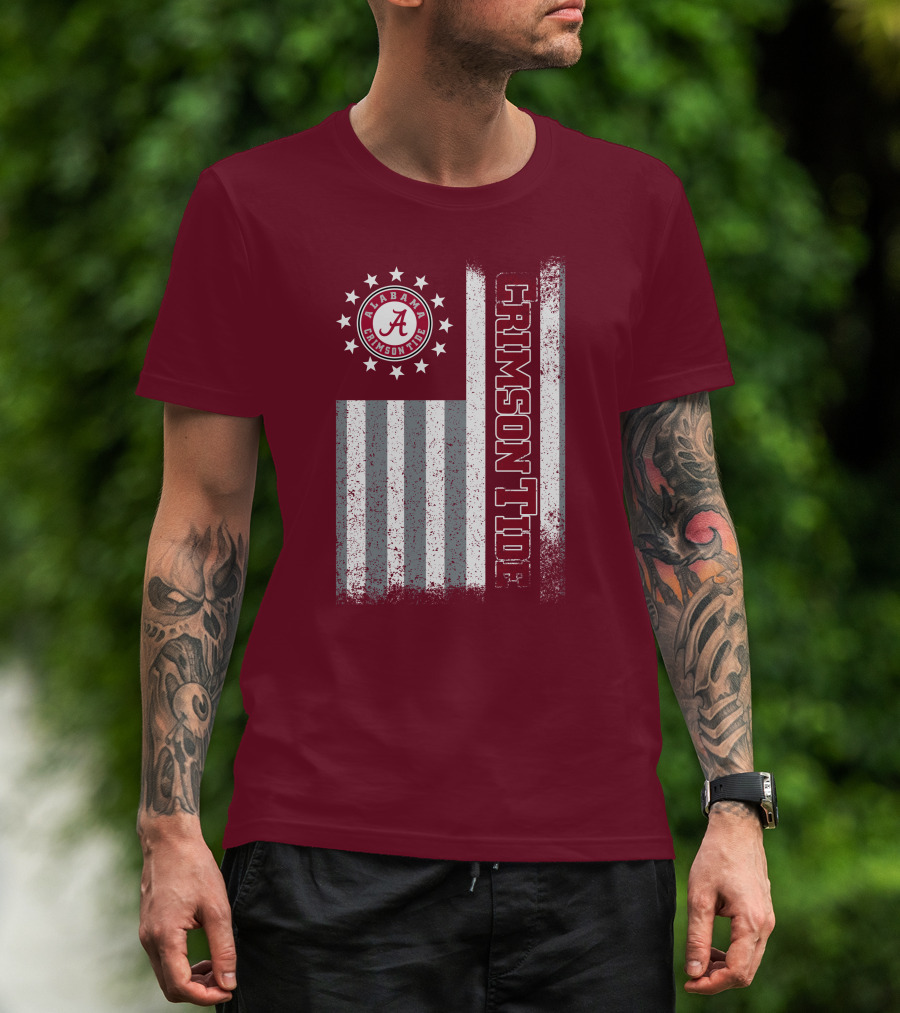 Alabama Crimson Tide Logo Stars And Stripes American Flag T-Shirt