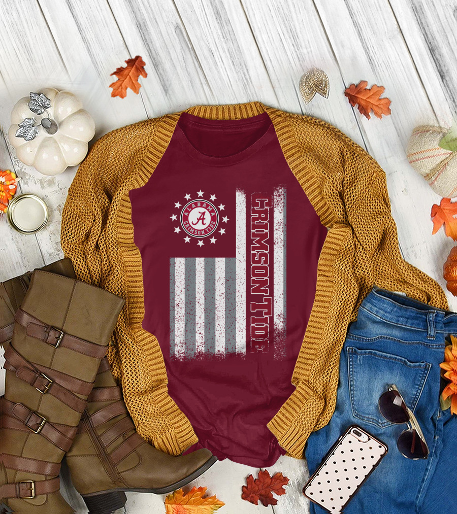 Alabama Crimson Tide Logo Stars And Stripes American Flag T-Shirt
