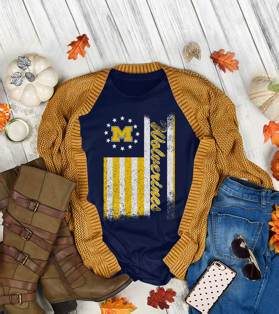 Michigan Wolverines M Logo American Flag Stars Stripes Edition T-Shirt