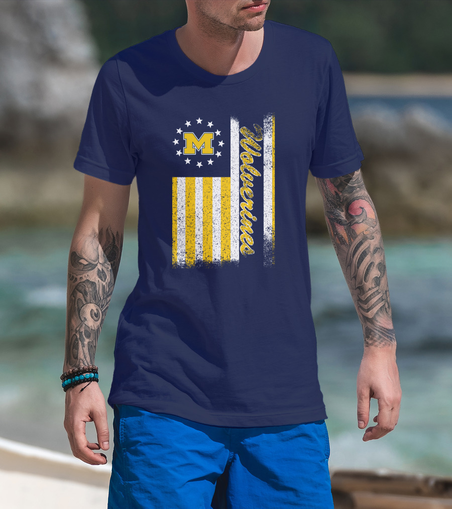 Michigan Wolverines M Logo American Flag Stars Stripes Edition T-Shirt