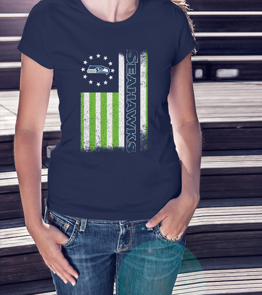 Seattle Seahawks American Flag Green Stripes 12 Stars T-Shirt