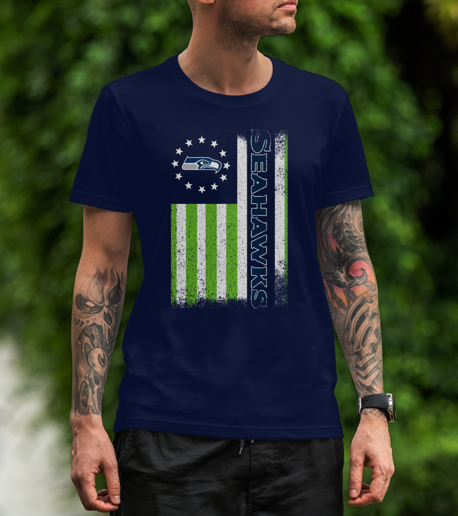 Seattle Seahawks American Flag Green Stripes 12 Stars T-Shirt