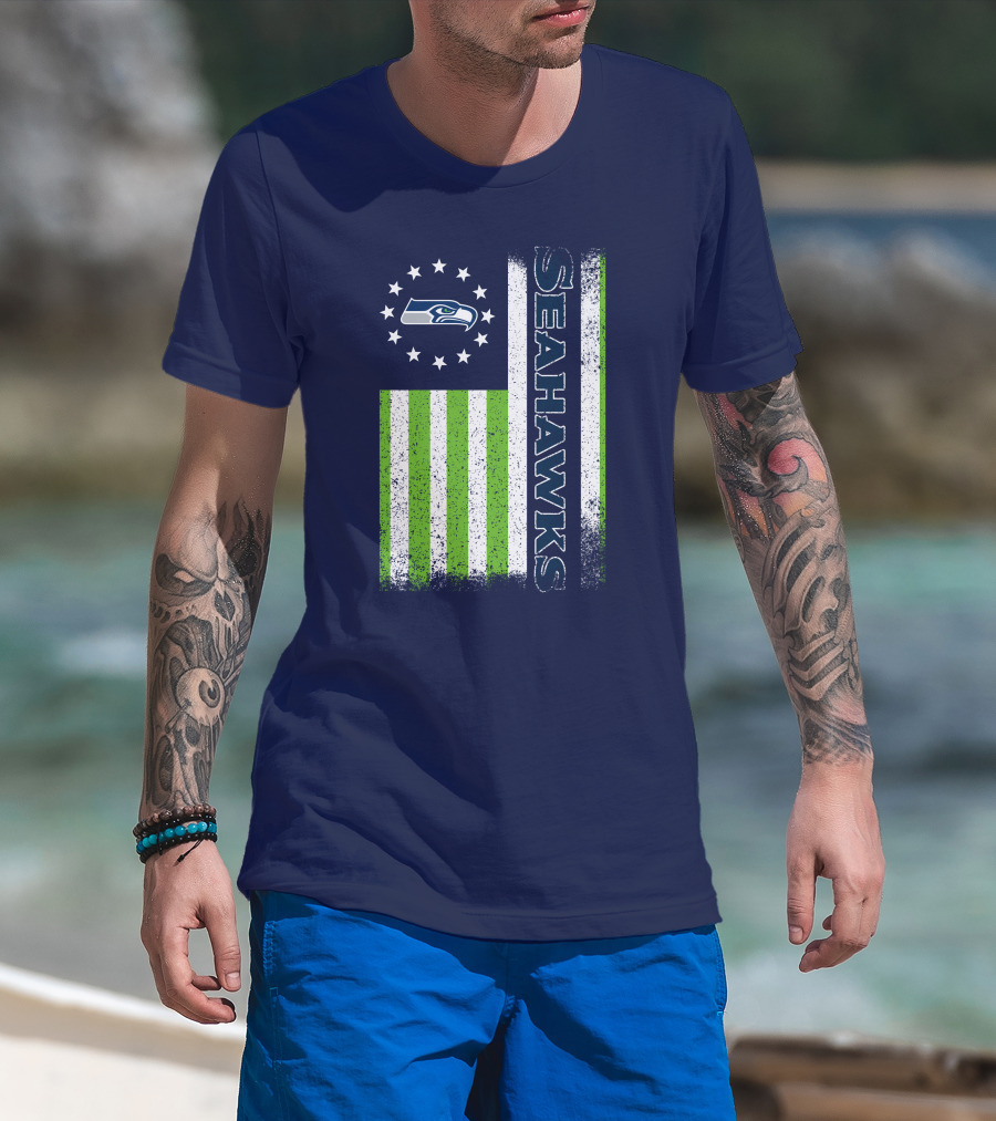 Seattle Seahawks American Flag Green Stripes 12 Stars T-Shirt