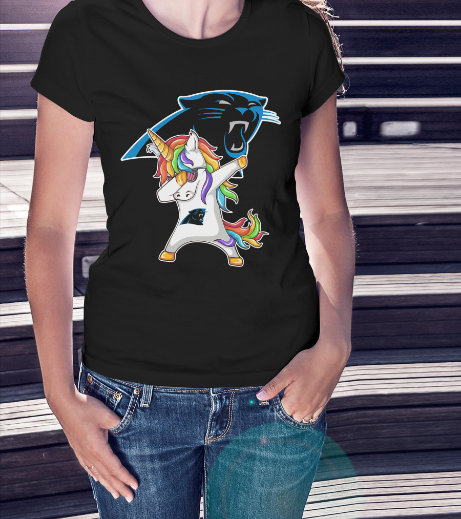 Carolina Panthers Unicorn Dabbing With Team Logo And Rainbow Mane T-Shirt