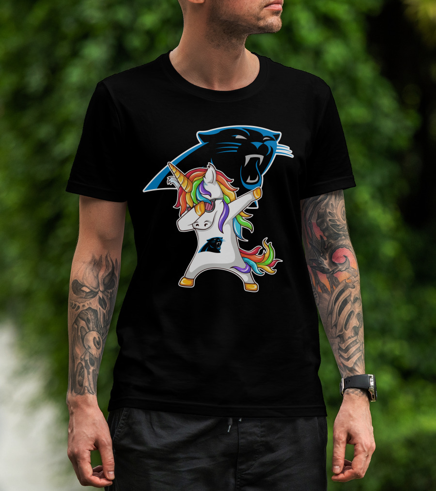 Carolina Panthers Unicorn Dabbing With Team Logo And Rainbow Mane T-Shirt