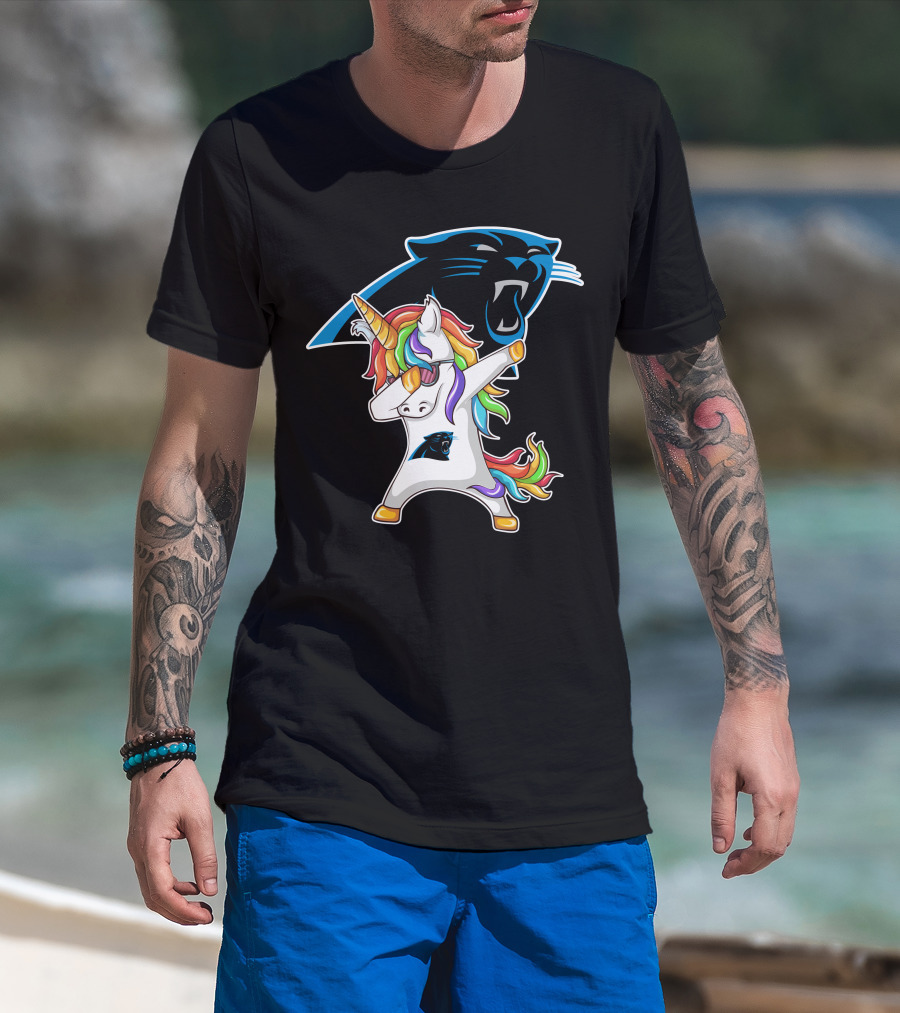 Carolina Panthers Unicorn Dabbing With Team Logo And Rainbow Mane T-Shirt