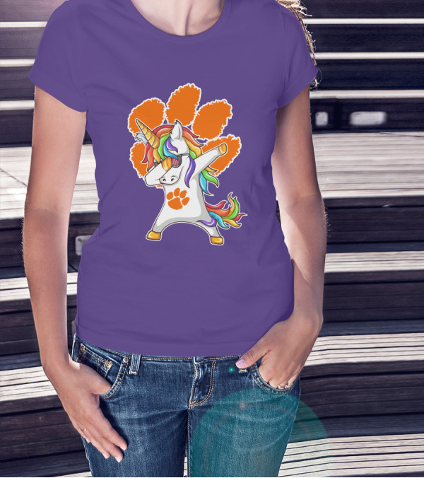 Clemson Tigers Dabbing Unicorn Paw Print Rainbow Mane T-Shirt