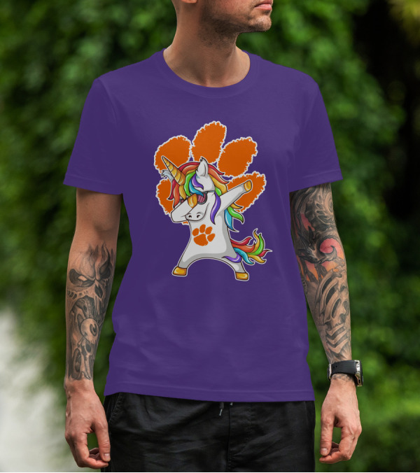 Clemson Tigers Dabbing Unicorn Paw Print Rainbow Mane T-Shirt