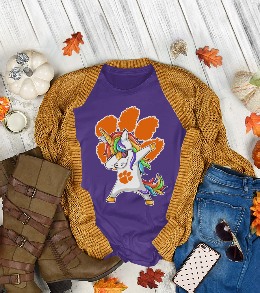 Clemson Tigers Dabbing Unicorn Paw Print Rainbow Mane T-Shirt