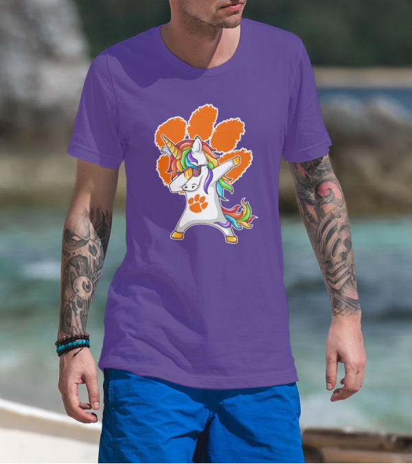 Clemson Tigers Dabbing Unicorn Paw Print Rainbow Mane T-Shirt