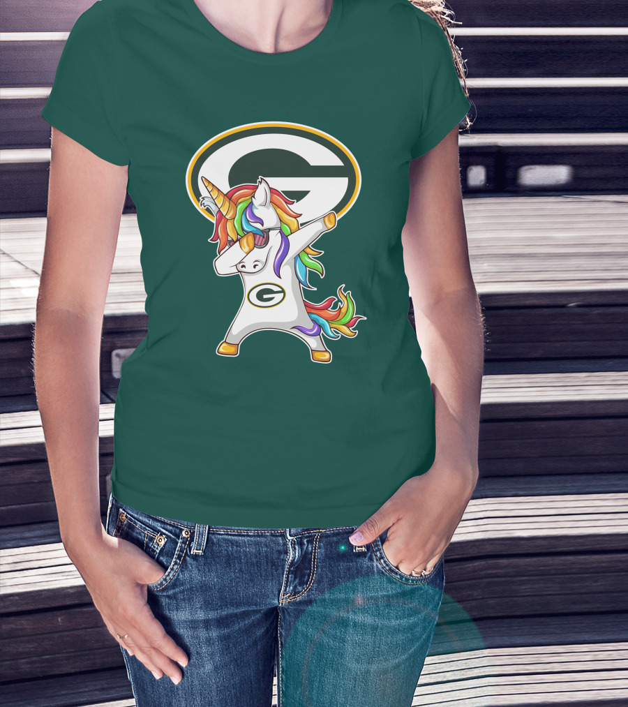 Green Bay Packers Dabbing Unicorn With Team Logo And Rainbow Mane T-Shirt