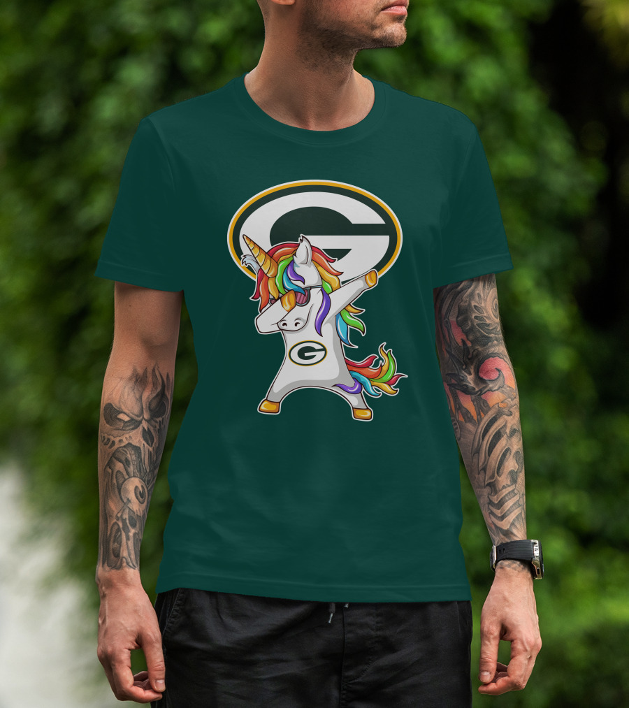 Green Bay Packers Dabbing Unicorn With Team Logo And Rainbow Mane T-Shirt