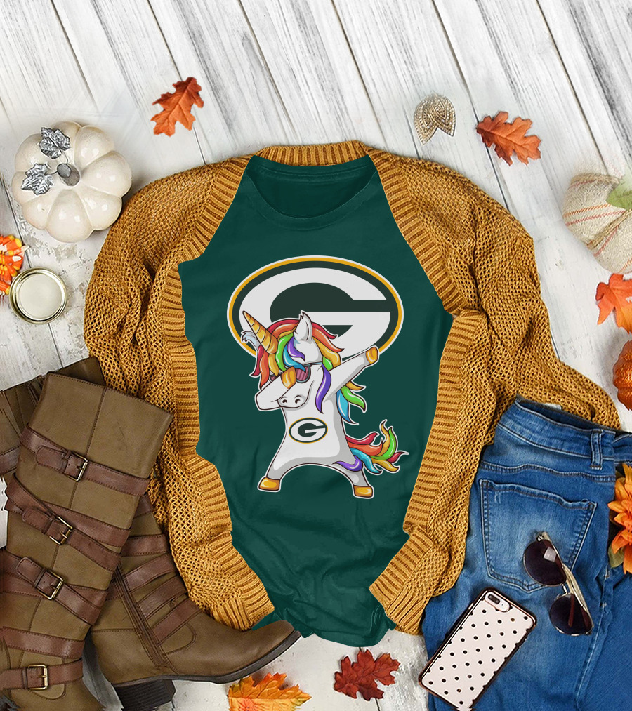Green Bay Packers Dabbing Unicorn with Team Logo and Rainbow Mane T-Shirt
