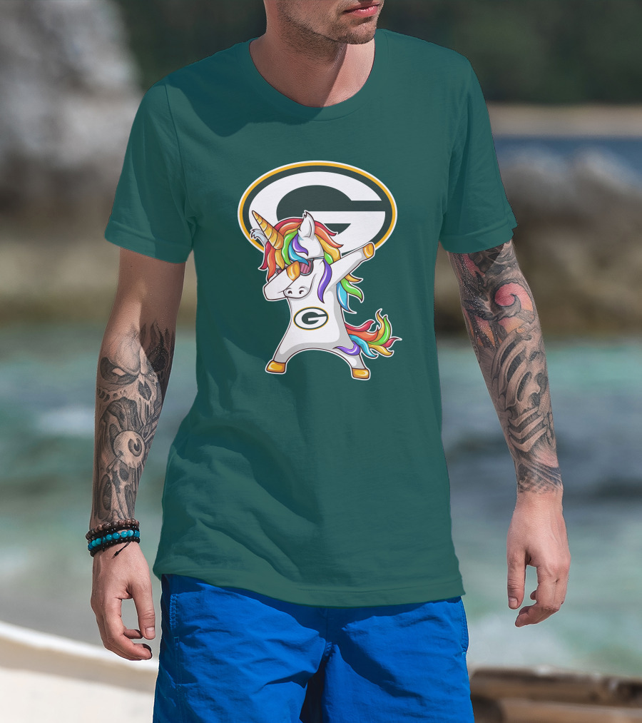 Green Bay Packers Dabbing Unicorn With Team Logo And Rainbow Mane T-Shirt