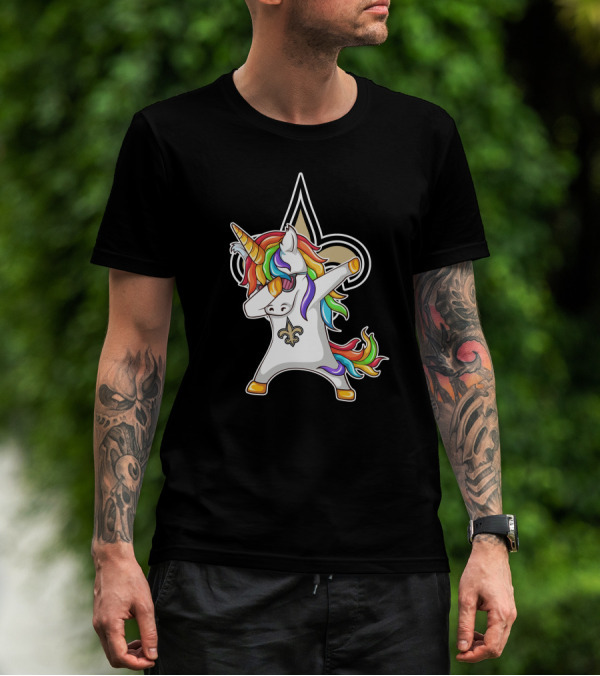 New Orleans Saints Unicorn Dabbing Fleur-de-Lis Rainbow Mane T-Shirt