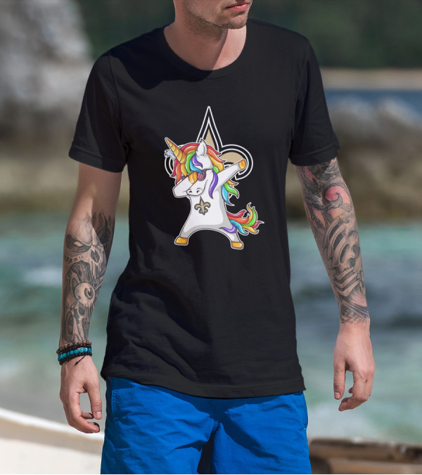 New Orleans Saints Unicorn Dabbing Fleur-de-Lis Rainbow Mane T-Shirt