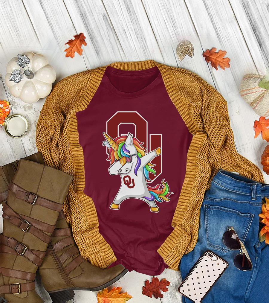Oklahoma Sooners OU Logo Rainbow Unicorn Dabbing T-Shirt