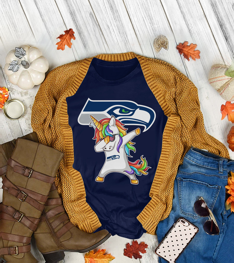 Seattle Seahawks Unicorn Dabbing Rainbow Hair T-Shirt
