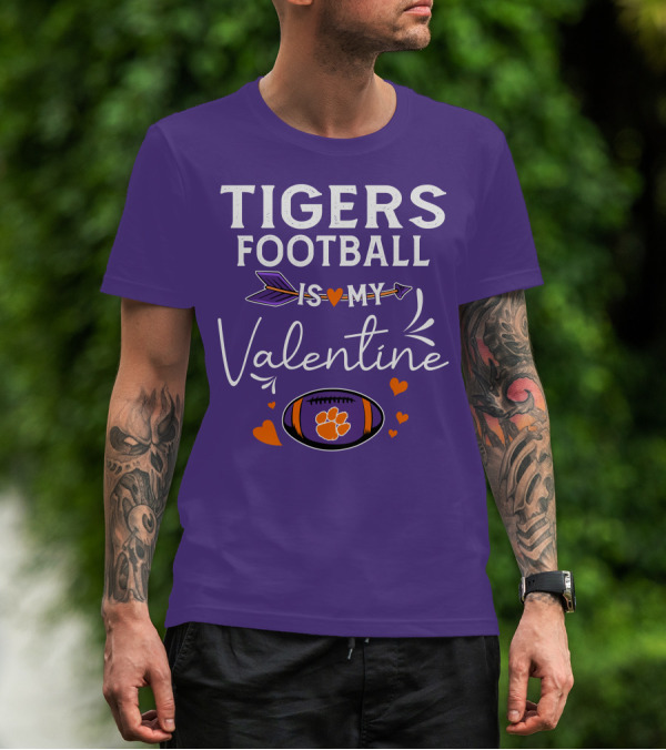 Tigers Football Is My Valentine With Paw Print And Hearts T-Shirt