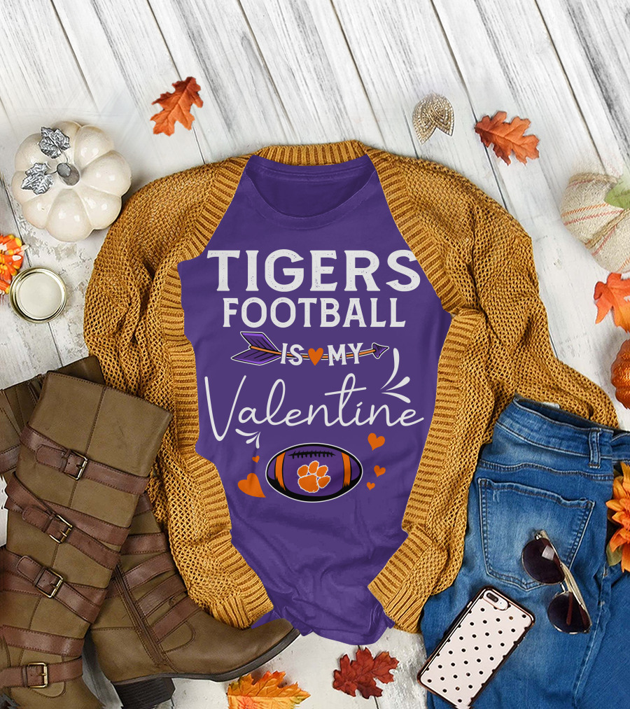 Tigers Football Is My Valentine with Paw Print and Hearts T-Shirt