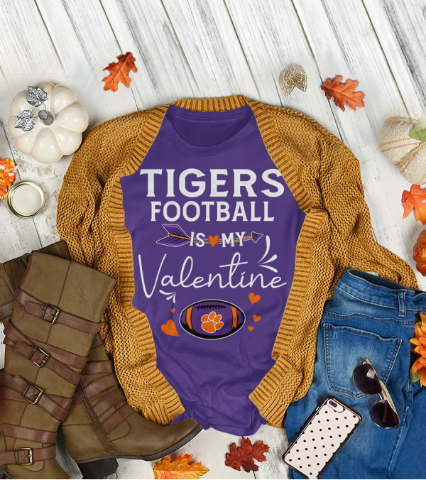 Tigers Football Is My Valentine With Paw Print And Hearts T-Shirt