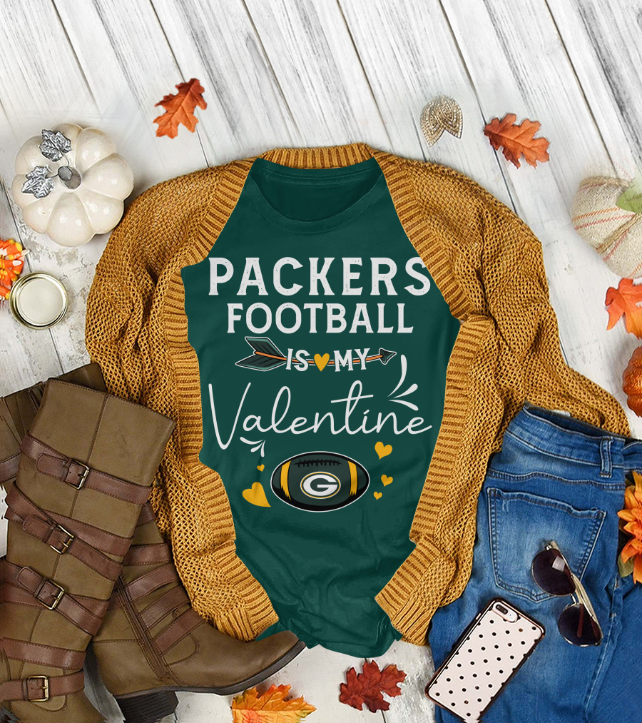Packers Football is My Valentine with Green Bay Logo and Hearts T-Shirt