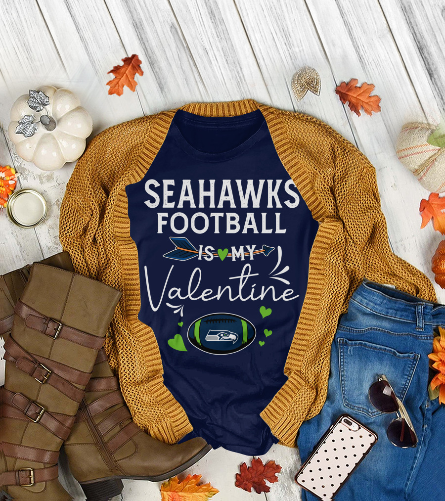Seahawks Football Is My Valentine Seattle Fan Love with Heart Arrow and Football T-Shirt