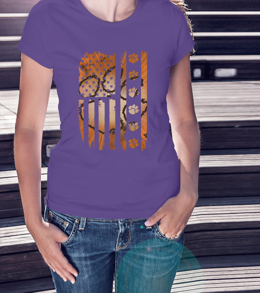 Clemson Tigers Paw Print American Flag T-Shirt
