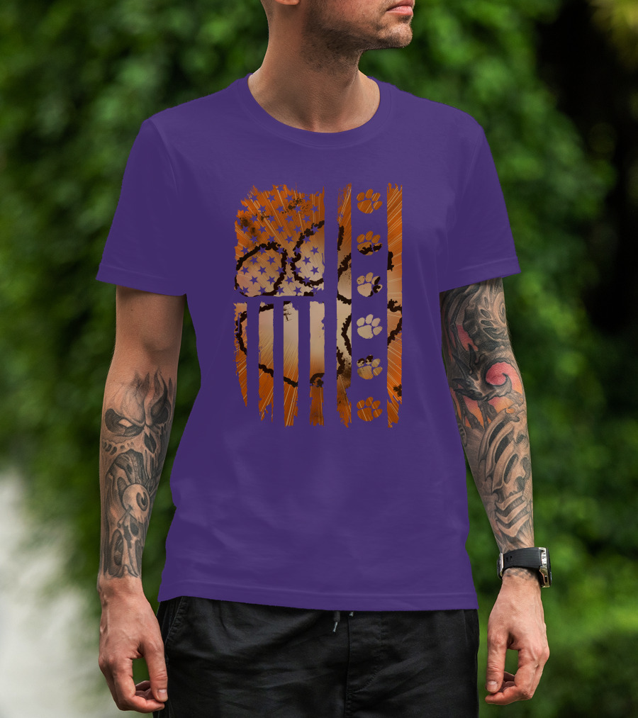 Clemson Tigers Paw Print American Flag T-Shirt