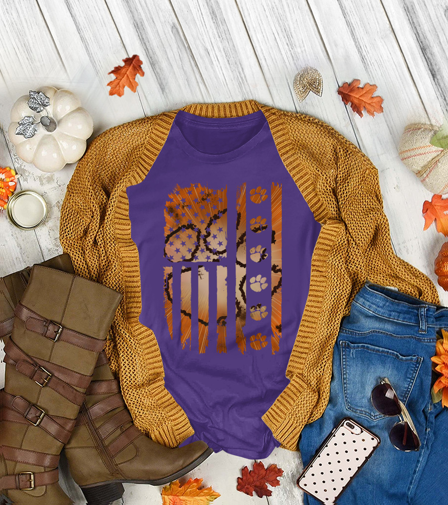 Clemson Tigers Paw Print American Flag T-Shirt