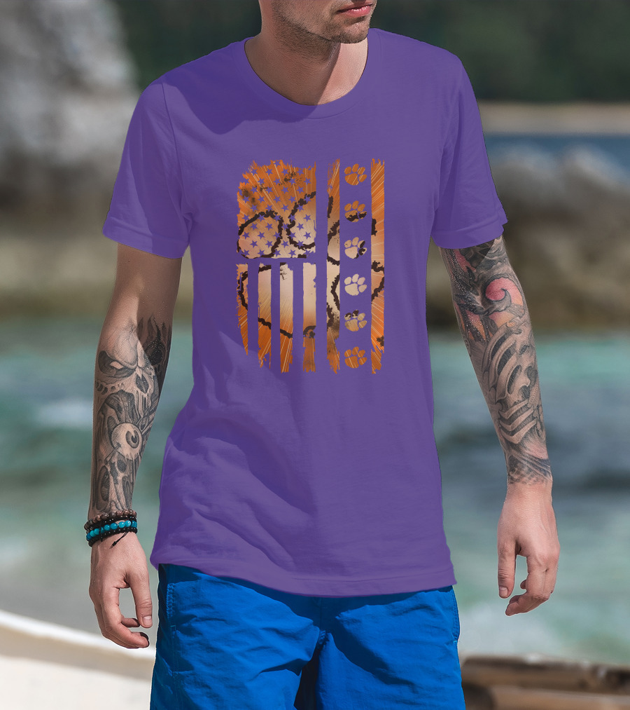 Clemson Tigers Paw Print American Flag T-Shirt