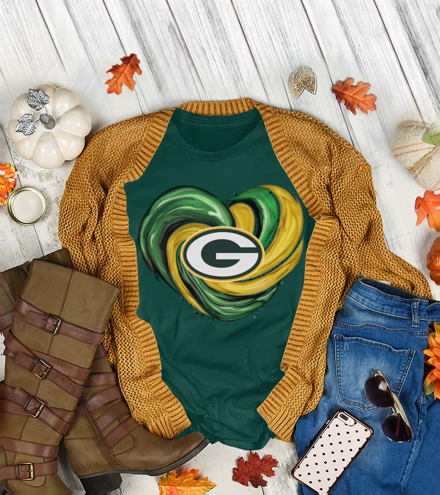 Green Bay Packers Heart Logo Swirl Tornado T-Shirt