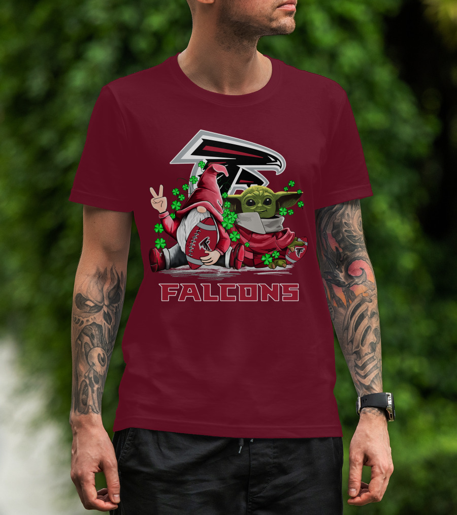 Leprechauns Gnomes Baby Yoda Hug Atlanta Falcons Shamrock Football T-Shirt