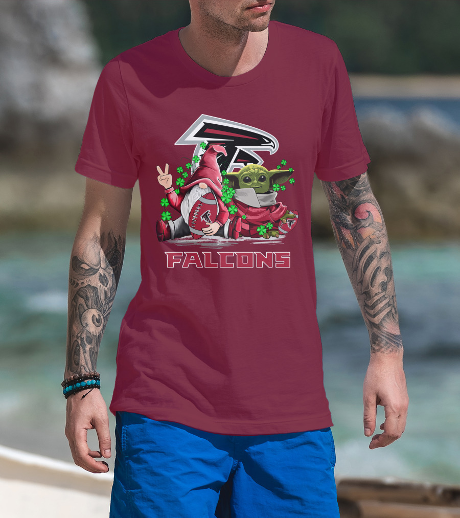 Leprechauns Gnomes Baby Yoda Hug Atlanta Falcons Shamrock Football T-Shirt