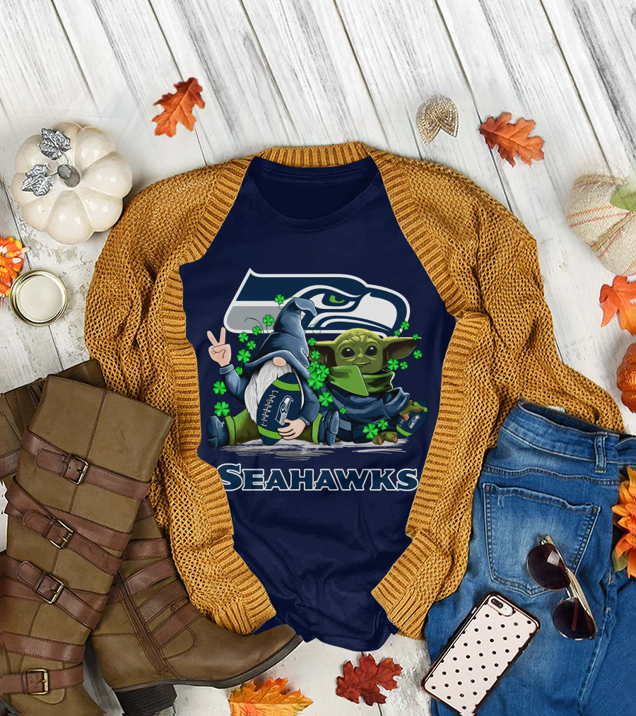 Leprechauns Gnomes Baby Yoda Seattle Seahawks Hug Football T-Shirt
