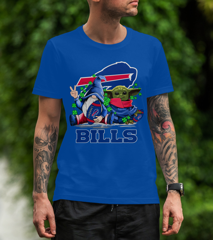 Leprechauns Gnomes Baby Yoda Hug Buffalo Bills Football Team Logo Shamrocks T-Shirt