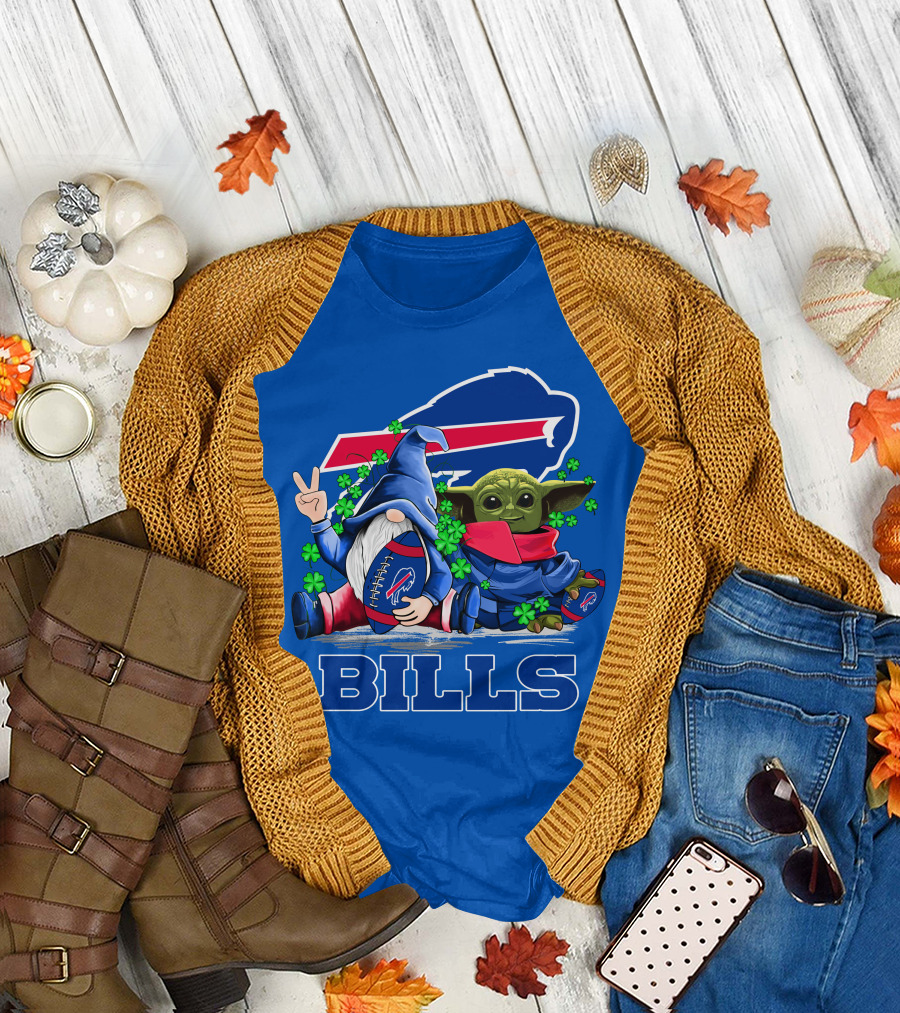 Leprechauns Gnomes Baby Yoda Hug Buffalo Bills Football Team Logo Shamrocks T-Shirt