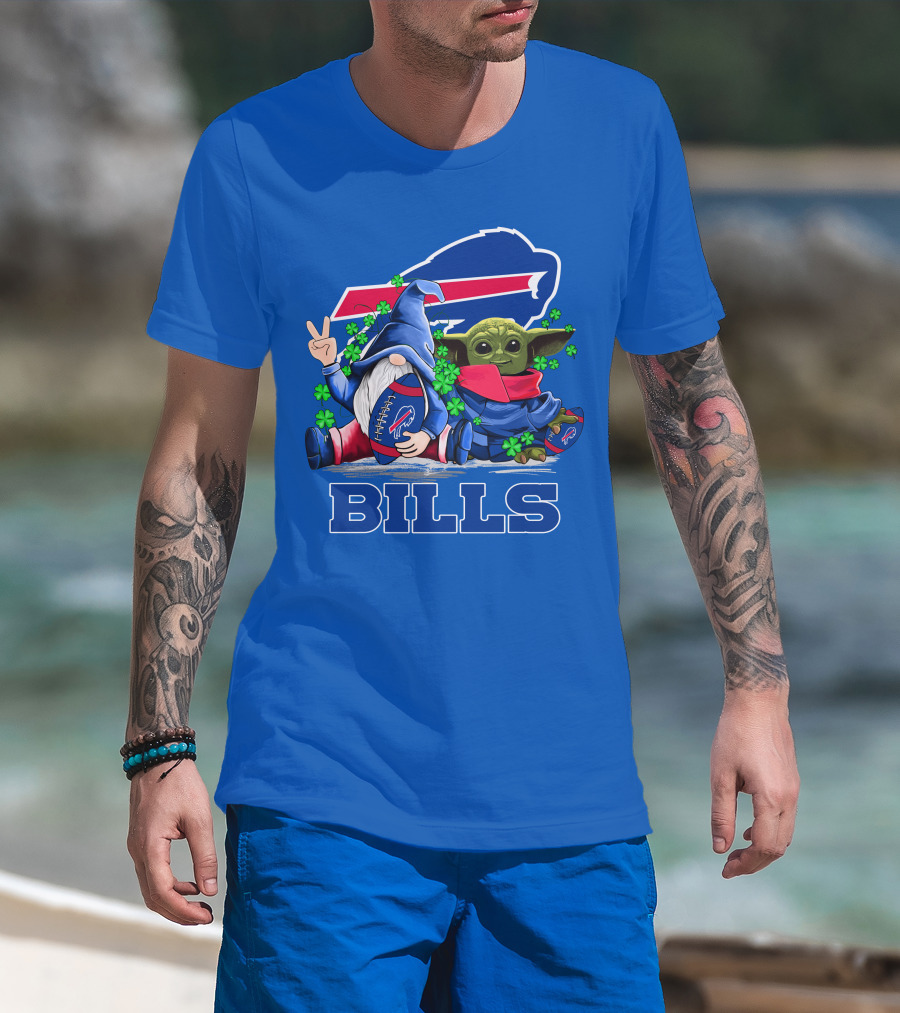 Leprechauns Gnomes Baby Yoda Hug Buffalo Bills Football Team Logo Shamrocks T-Shirt