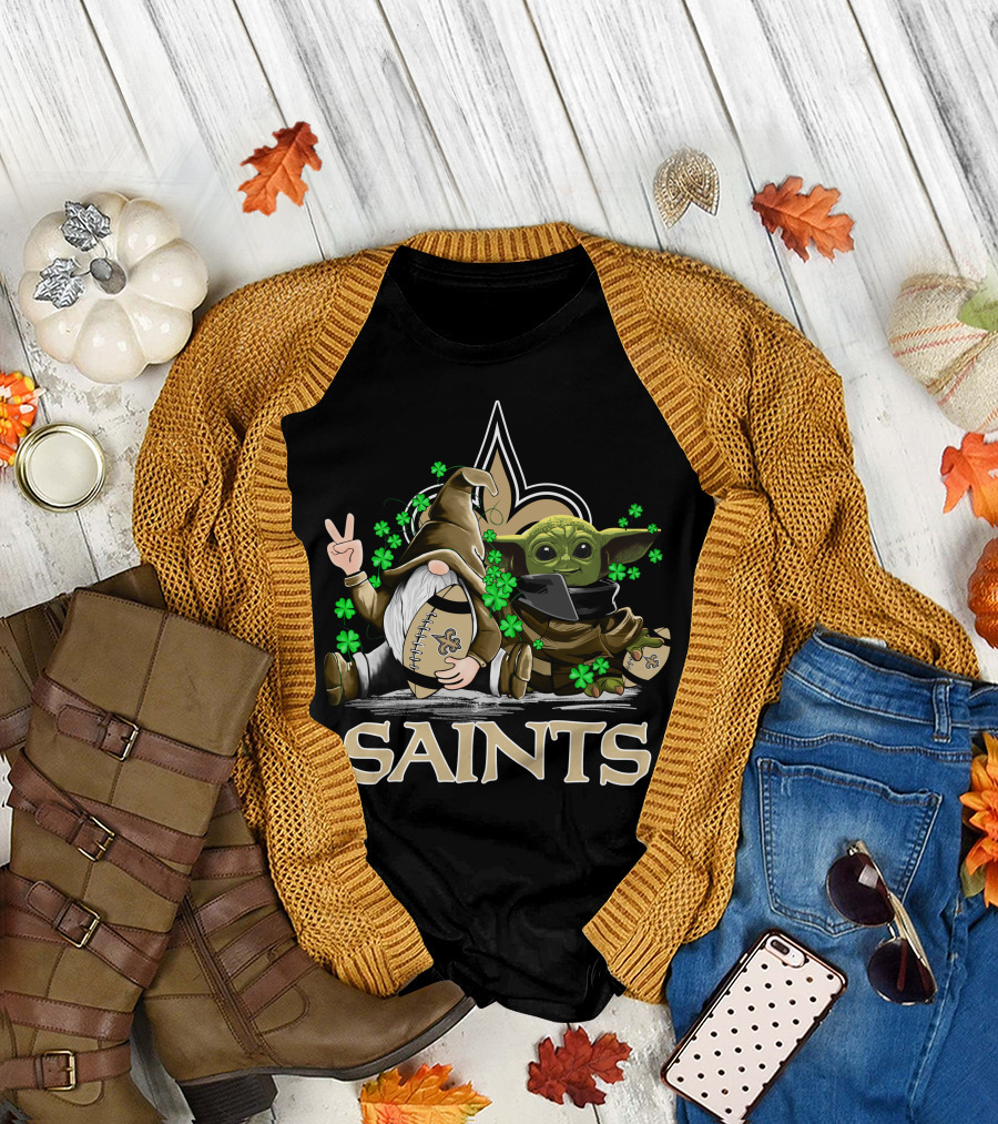 Leprechauns Gnomes Baby Yoda New Orleans Saints Football Shamrocks T-Shirt