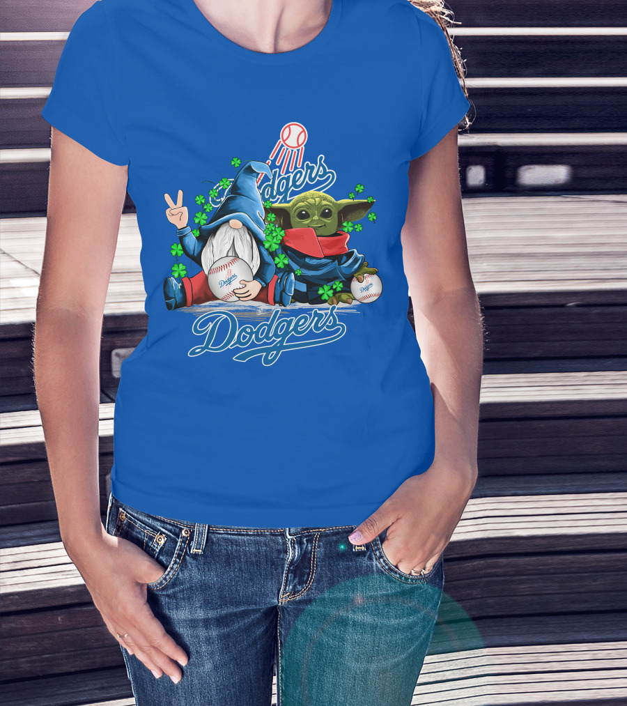 Dodgers Gnomes And Baby Yoda With Baseball And Shamrocks T-Shirt