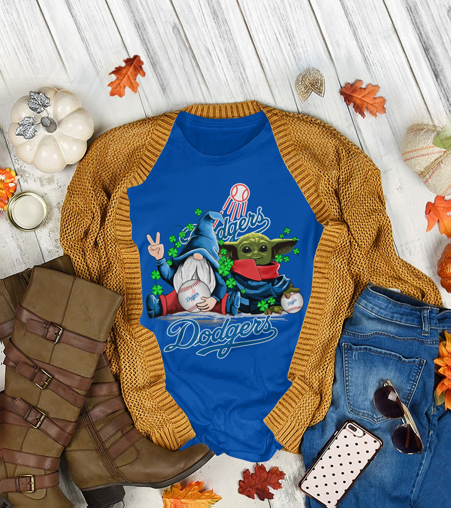 Dodgers Gnomes and Baby Yoda with Baseball and Shamrocks T-Shirt