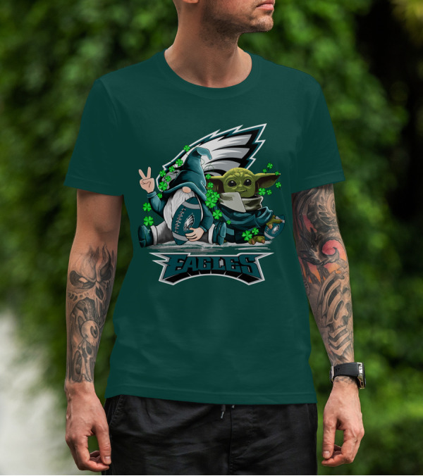 Philadelphia Eagles Leprechauns Gnomes Baby Yoda Hug Football T-Shirt