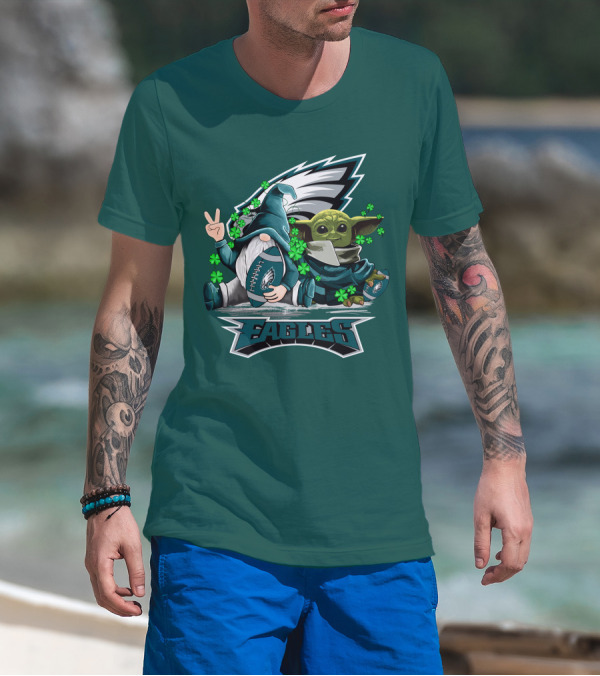 Philadelphia Eagles Leprechauns Gnomes Baby Yoda Hug Football T-Shirt