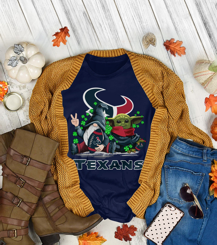 Leprechauns Gnomes Baby Yoda Houston Texans Football Clover T-Shirt