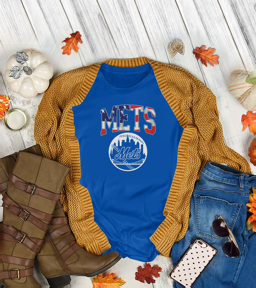 Mets American Flag Skyline Baseball T-Shirt