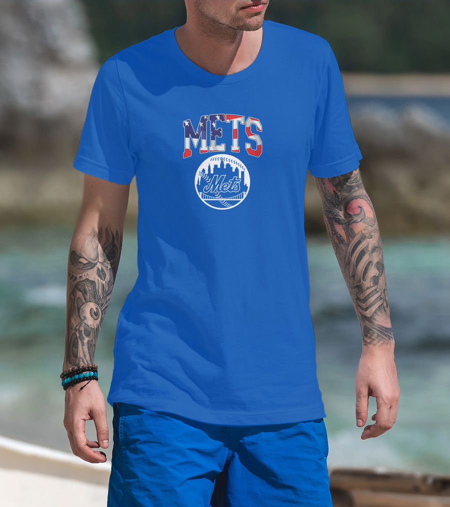 Mets American Flag Skyline Baseball T-Shirt